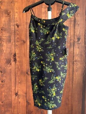Laundry By Shelli Segal Black One-Shoulder Floral Sheath Dress